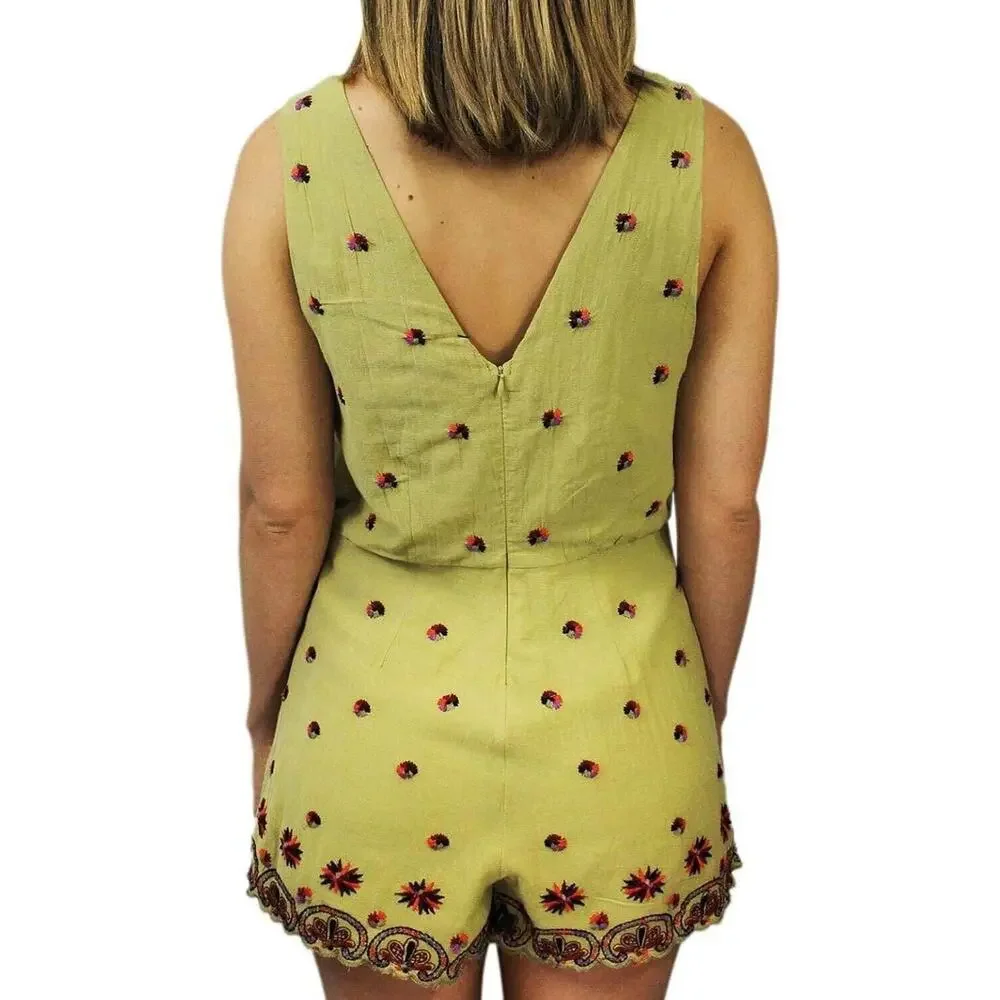 Free People Womens Green Sleeveless Margarita Embroidered Romper Jumpsuit Size 2